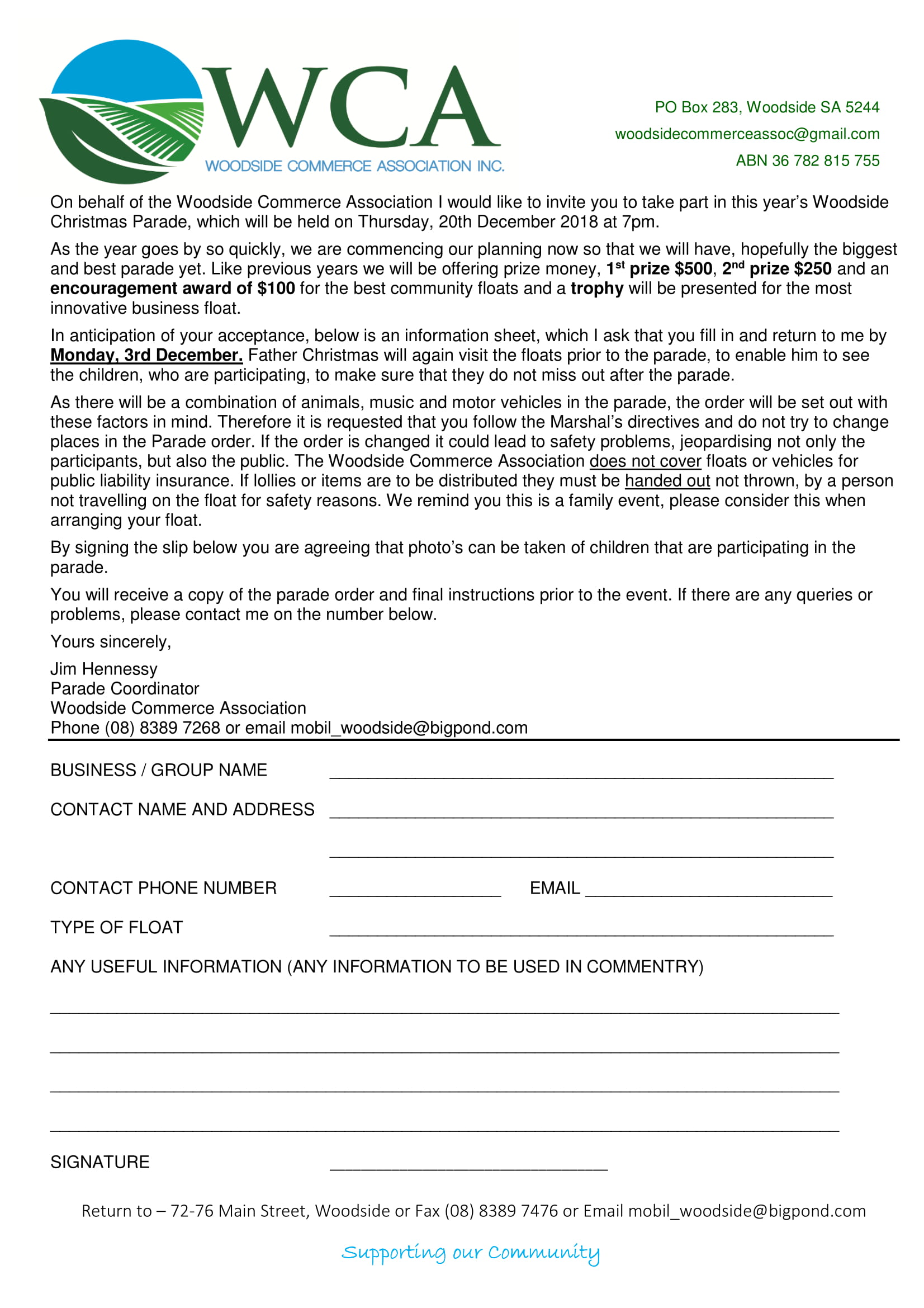 Woodside Christmas Pageant 2018 Entry Form